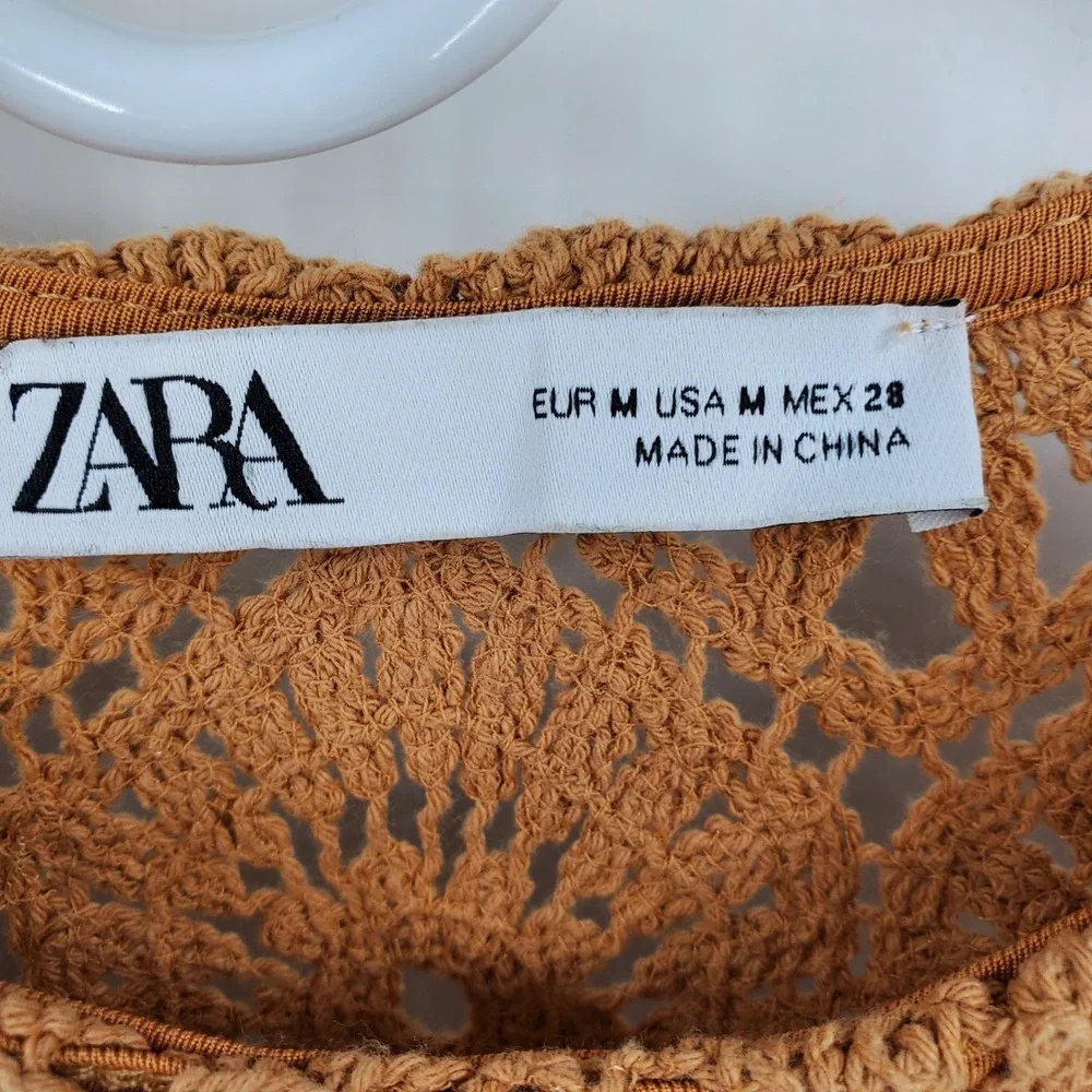 Zara Mustard Crochet Puff Sleeve Top